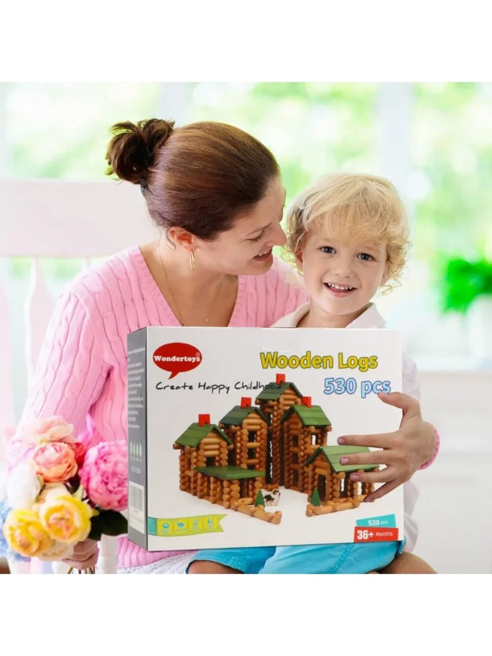 530 Pcs Wooden Building Logs Set for Kids 3+, Creative Construction Toys